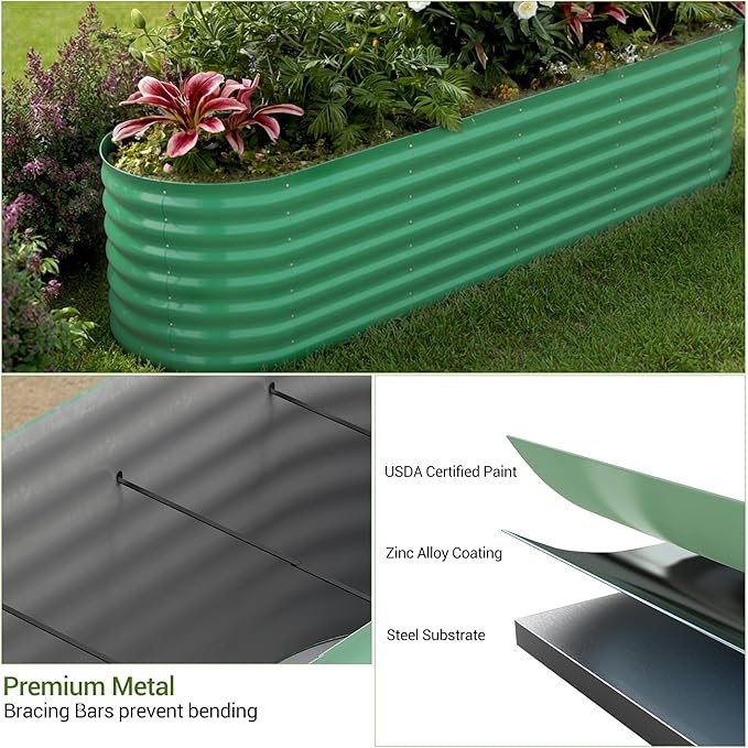 IDEALHOUSE 8x2x1.5 Ft Galvanized Metal Raised Garden Bed, 24-Inch Tall Outdoor Planter Box for Vegetables, Flowers & Herbs, Rust-Resistant Garden Beds for Backyard, Patio or Balcony, Green