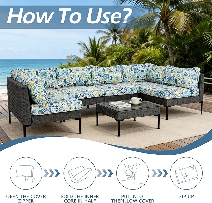 14Pcs Patio Cushion Covers Replacement Splashproof UV-Resistant Inelastic Covers with Zippers, Max Compatible 23.6x23.6x3.9 inch Patio Cushion, for 7 Pcs Outdoor Patio Furniture Sets