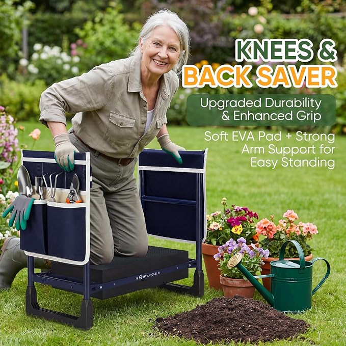 Garden Kneeler and Seat, Foldable Heavy-Duty Anti-Tipping Gardening Bench Stool with Extra-Wide Thickened Kneeling Pad & 2 Tool Pouches, Ideal Gift for Seniors, Gardeners, Women, Men and Dad