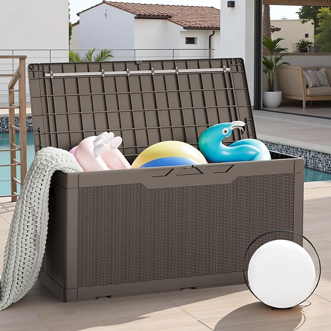 JUMMICO 100 Gallon Resin Deck Box, Waterproof Outdoor Storage Box with Lockable Lid for Garden Tools, Patio Cushions (Brown)