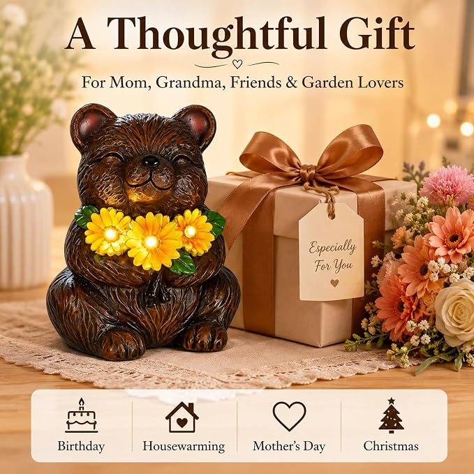 Solar Garden Statues Bear with Daisy and LED Lights Birthday Gifts for Women Mom Grandma Solar Outdoor Cat Decor for Outside,Outdoor Solar Lights for Yard, Garden and Patio, Unique Gift for Women