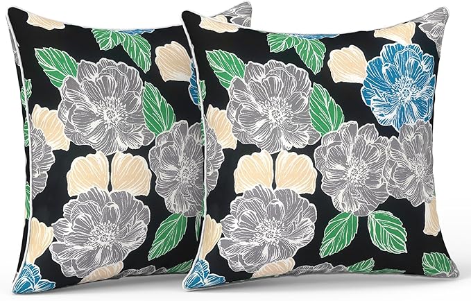 LVTXIII Outdoor Throw Pillows 18x18 Patio Waterproof Square Pillows with Piping Fade Resistant Accent Pillow for Spring Summer Garden Decoration, Set of 2, Peony Garden