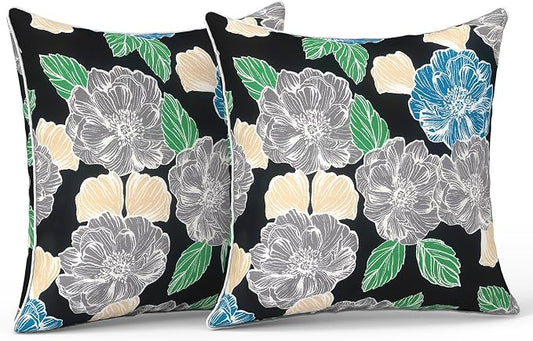 LVTXIII Outdoor Throw Pillows 18x18 Patio Waterproof Square Pillows with Piping Fade Resistant Accent Pillow for Spring Summer Garden Decoration, Set of 2, Peony Garden