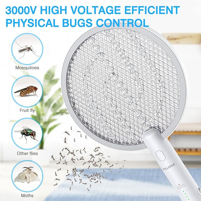 PALONE Electric Fly Swatter 4000V Bug Zapper Racket, Dual Modes Mosquito Killer with Battery, Rechargeable Mosquito Killer Lamp with 3 Layers Safety Mesh for Indoor and Outdoor, White 1P