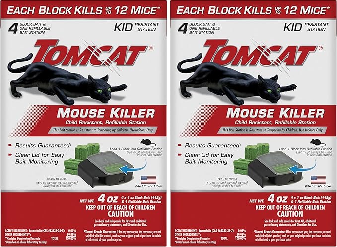 Tomcat Mouse Killer Child Resistant, Refillable Station with Clear Lid for Easy Monitoring, 1 Bait Station and 4 Refills (Pack of 2)