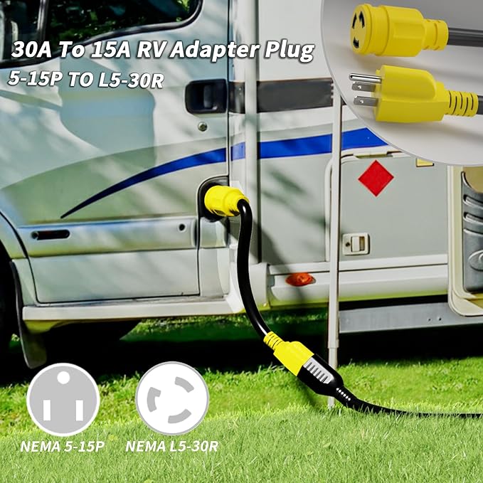 PlugSaf 3 Prong 15 Amp to 30 Amp RV Generator Adapter Cord, NEMA 5-15 Male Plug to NEMA L5-30 Female Plug, 12 Inch(1 FT) 10 Gauge STW Heavy Duty Power Cord, Max 15A 125V 1875W, Yellow, ETL Listed
