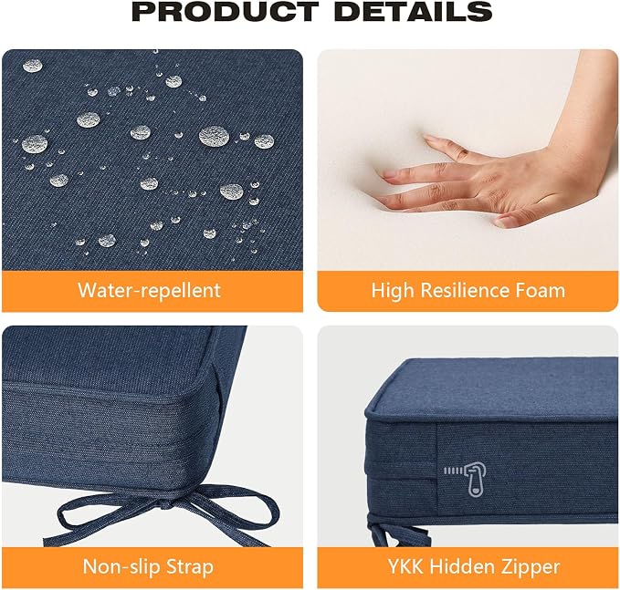 Unimatta Sunbrella Square Corner Seat Cushions, 18.5" x 16" x 3", Set of 4, Indoor Outdoor Water Repellent Universal Chair Pads with Ties for Patio Furniture, Garden Dining Chairs, Specrtum Indigo