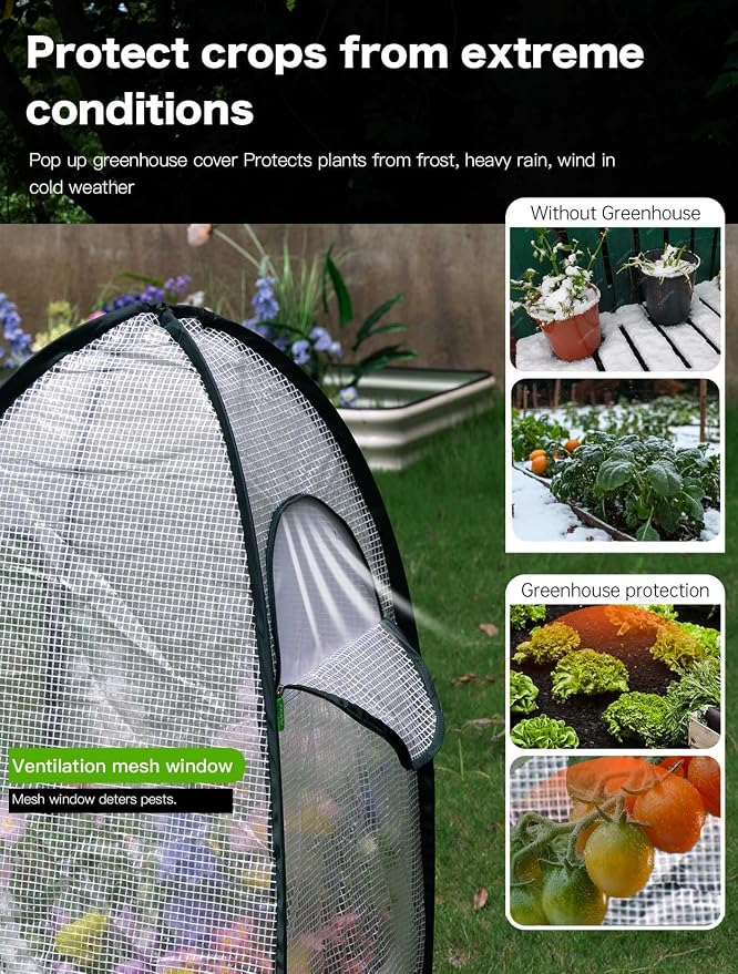 Pop up Greenhouse Tent Cover for Raised Bed,Pack of 2,Gardening Flower House Sunshine Room with Mesh Windows,Backyard PE Cover for Cold Frost Protector with Stakes