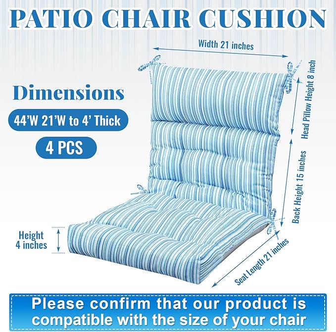 Sintuff 4 Pcs 44 x 21 x 4 Patio Chair Cushions Outdoor Chair Cushion Seat/Back Tufted Pillow with Ties Water Resistant Replacement Indoor Patio Furniture Outdoor Furniture (Stripe,Blue Stripes)