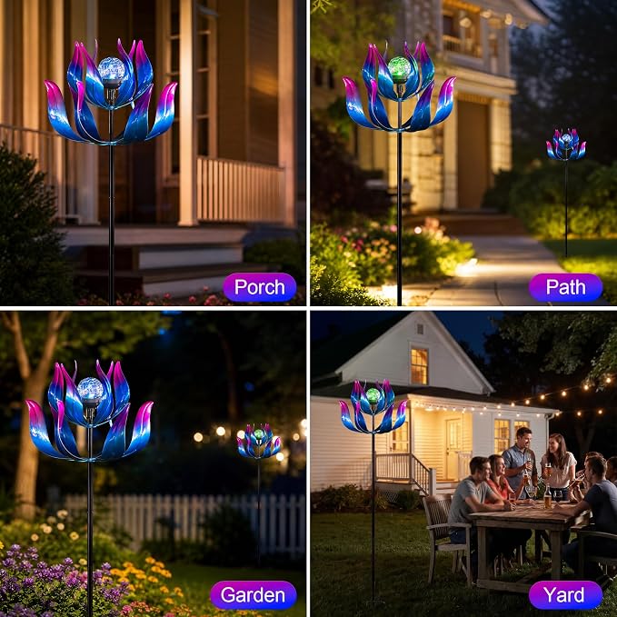 61'' Solar Wind Spinners for Yard and Garden - Large Metal Kinetic with Solar Powered LED Crackle Glass Globe, Vibrant Blue & Purple Gradient Lotus Flower Yard Art for Outdoor, Patio, Lawn Decor
