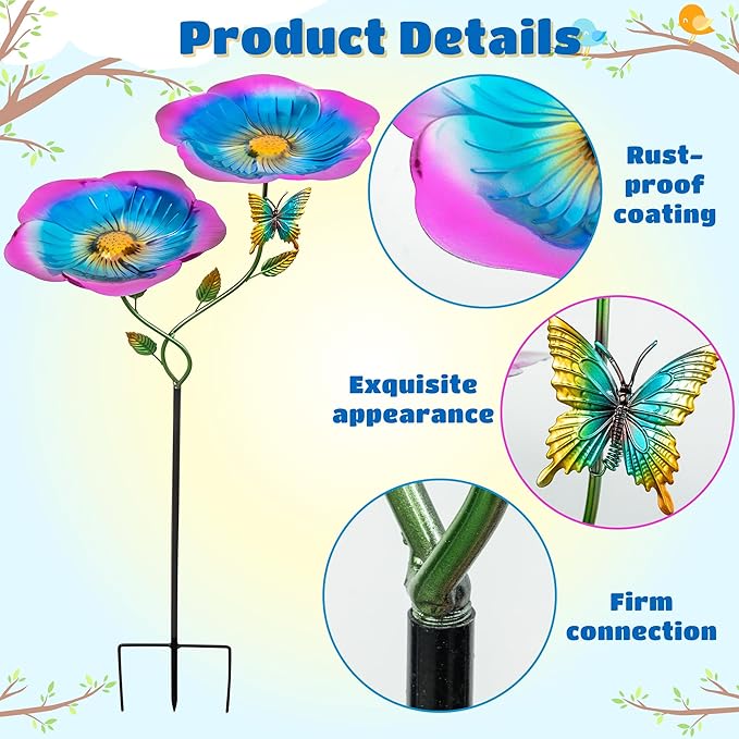 37.4 Inch Floral Metal Bird Bath for Outside - Standing Bird Feeder with Dual Flower Bowls Detachable Birdbath with Butterfly Decor Metal Stake Base for Garden Yard Outdoor (Blue)