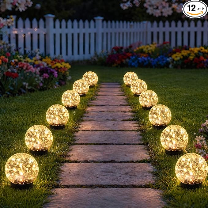 SyouHome Solar Garden Lights Outdoor Waterproof, Landscape Garden Decor | 12 Pack, Auto On/Off Cracked Glass Ball Light, Warm White Solar Globe Lights for Pathway/Patio/Lawn/Yard & Gardening Gift
