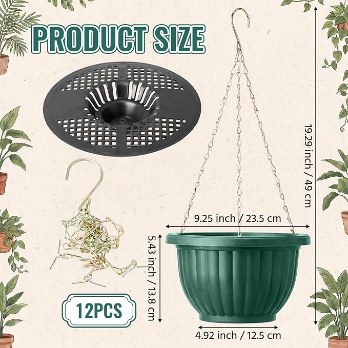 12 Sets Hanging Planters for Indoor and Outdoor Plants Self Watering Hanging Basket Flower Pots Plastic Plant Pots with Drainage Hole and Absorbing Tray(Green,10 Inch)