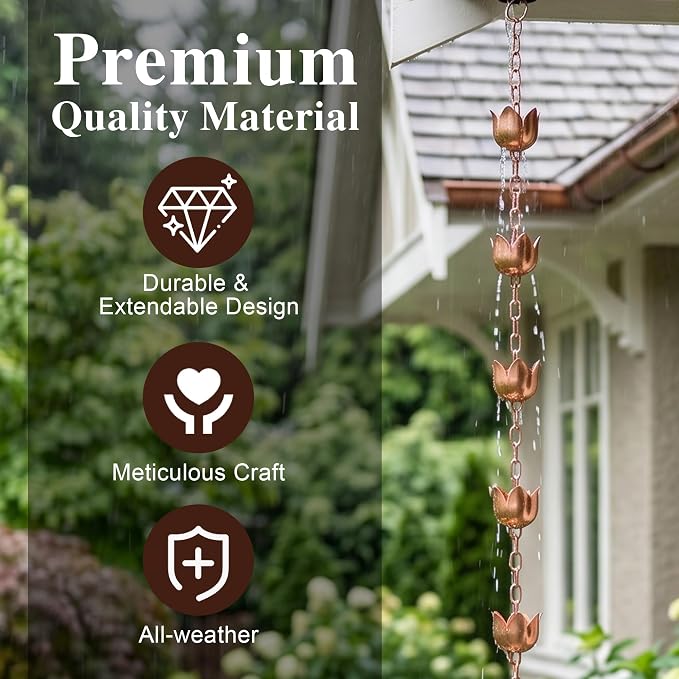Topadorn Copper Rain Chain for Gutters, 8.5 FT Solid Copper Lotus Rain Chain, Decorative Downspout Alternative with 11 Cups for Garden, Patio & Outdoor Decor