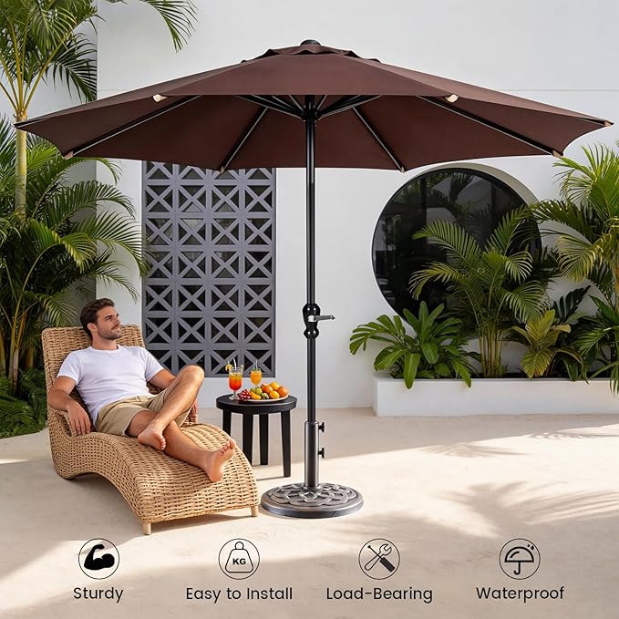 DUMOS Patio Umbrella Base, 30 LBS Heavy Duty Umbrella Stand with 2 Knobs + 2 Adapters, Weather-Resistant Coating Outdoor Table Resin Umbrella Holder for Beach, Pool, Deck, Backyard (Bronze)