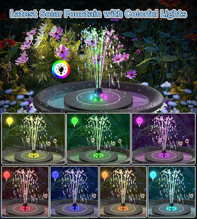 SZMP Solar Water Fountain, 2026 Upgrade 3.5W Solar Bird Bath Fountain Pump with Color LED Lights, 7 Nozzles & 4 Fixed Rods for Garden, Patio, Pond, Pool, Fish Tank, Outdoor Water Feature