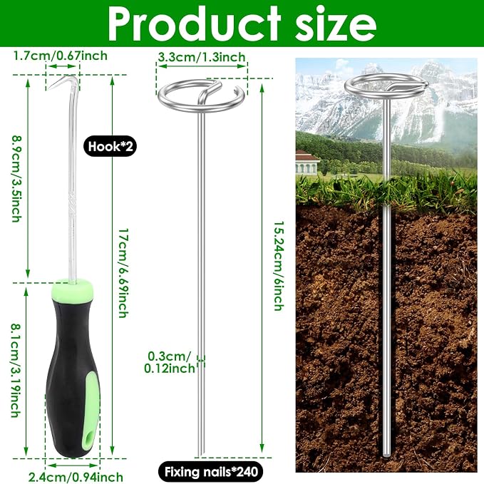 240 Pcs Landscape Fabric Pins 6 inch, Thickened 8 Gauge Circle Top Garden Stakes, Landscape Staples Pins with 2 Puller Hooks for Tent Weed Barrier Fabric Plant Cover Landscape Pins Stronger