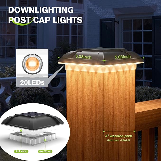 Solar Post Cap Lights Outdoor 4pack - Downward Lighting Waterproof Deck Fence Post Solar Lights for 4x4 Wooden/Vinyl Posts, Warm White Glow, Ideal for Deck Edges/Stair Railings/Porch/Backyard Fence