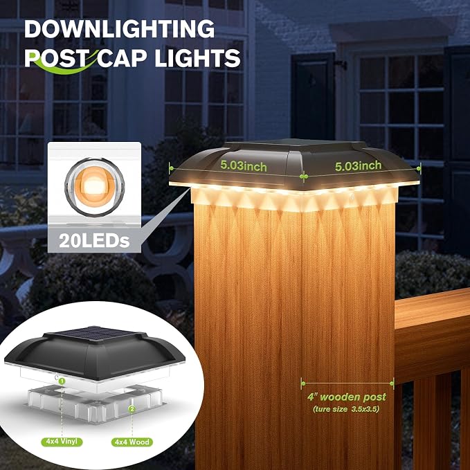 Solar Post Cap Lights Outdoor 8pack - Downward Lighting Waterproof Deck Fence Post Solar Lights for 4x4 Wooden/Vinyl Posts, Warm White Glow, Ideal for Deck Edges/Stair Railings/Porch/Backyard Fence