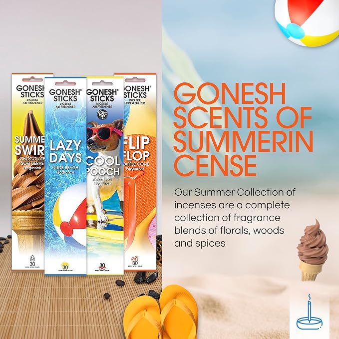 Gonesh Scents of Summer - Incense Sticks Variety Pack - Non-Toxic 10” Slow Burn Aromatic Sticks - Summer Swirl, Flip Flop, Cool Pooch, Lazy Days - 30 Count Each