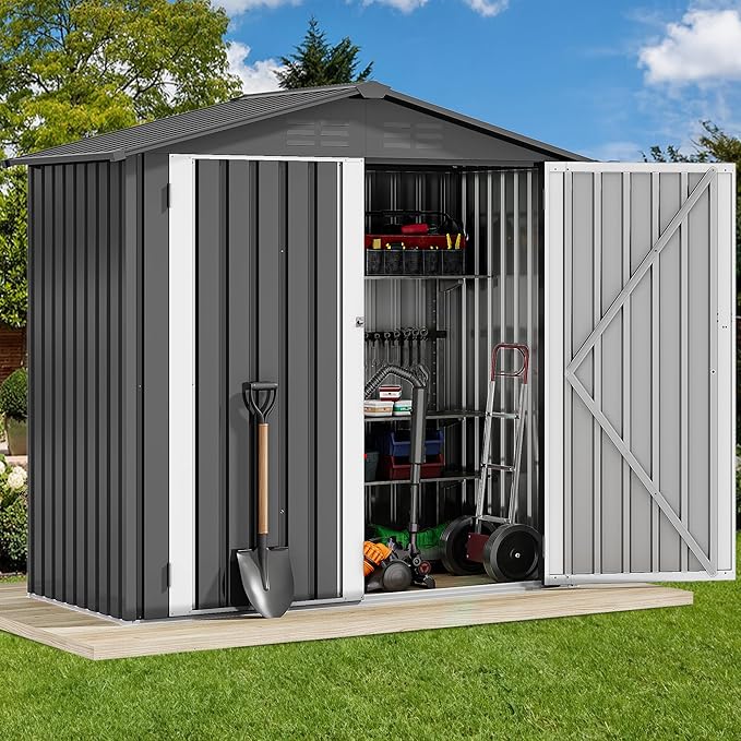 DWVO 6' x 4' Outdoor Storage Shed, Large Metal Tool Sheds, Heavy Duty Storage House with Lockable Doors & Air Vent for Backyard Patio Lawn to Store Bikes, Tools, Lawnmowers,Dark Gray