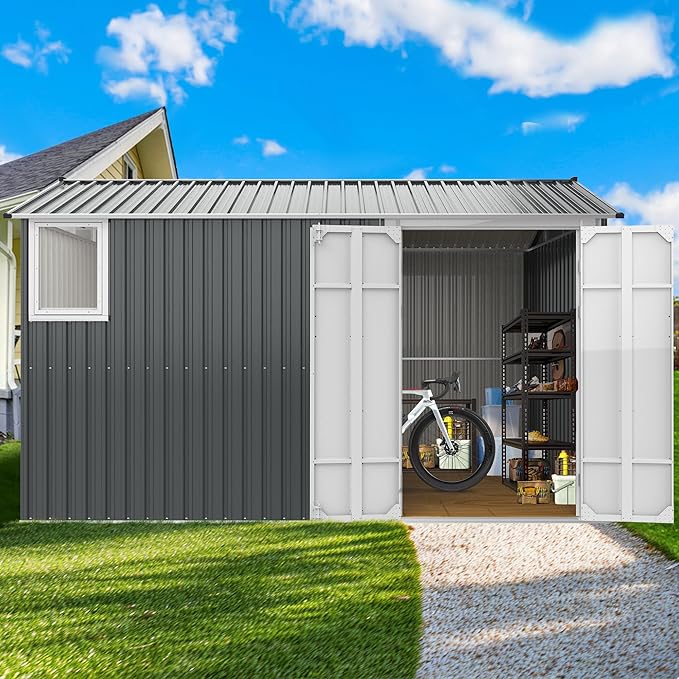 YOPTO 8x12 Ft Outdoor Storage Shed with Floor Frame and Window,Large Metal Utility Tool House W/Double Hinged Door & 4 Air Vents,All Weather Waterproof Garden Sheds for Backyard,Patio,Lawn,Dark Gray