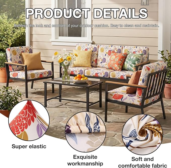hyha 8Pcs Patio Cushion Covers, Stretch Outdoor Couch Cushion Covers, Washable Outdoor Chair/Sofa Slipcovers for Patio Furniture Cushions Protector with Elastic Bottom(Flower Vine,Cover Only)