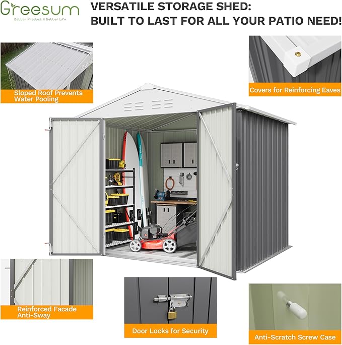 Greesum 8x6FT Outdoor Storage Shed with Base, Utility Tool Shed with Sloping Roof, Metal Storaged Garden Shed with Door & Lock for Patio Storage, Gray