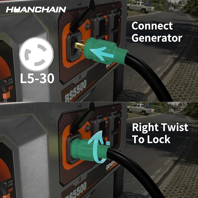 huanchain L5-30P/L5-30R 3 Prong 30 Amp Generator Cord 100 FT, Heavy Duty 10AWG 125V 3750W SJTW, Black Locking Generator Extension Cord Waterproof, ETL Listed