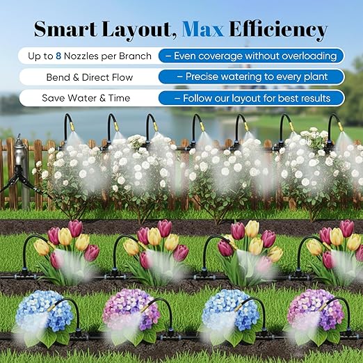 100ft 1/4-Inch Drip Irrigation Kit with 16 Adjustable Copper Nozzles, Automatic Atomizing Watering Sprinkler System for Garden, Raised Beds, Lawn, Greenhouse & Patio