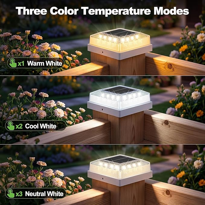 Brightever 3.5x3.5 4x4 Solar Post Cap Light Outdoor, 4-Pack Fence Post Solar Lights for Wooden/Vinyl Posts, 3 Lighting Modes, Solar Powered Waterproof Deck Post Lights for Garden Patio, White