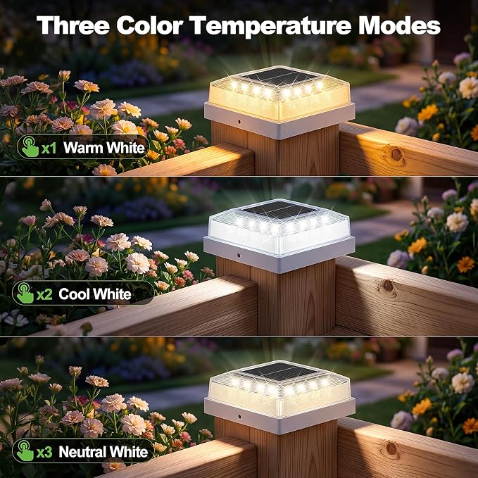 Brightever 3.5x3.5 4x4 Solar Post Cap Light Outdoor, 8-Pack Fence Post Solar Lights for Wooden/Vinyl Posts, 3 Lighting Modes, Solar Powered Waterproof Deck Post Lights for Garden Patio, White