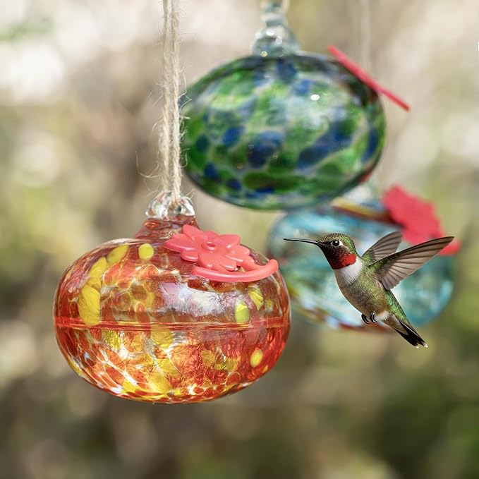 QFkris Blown Glass Hummingbird Feeder for Outdoors Hanging, Small Hummingbird Feeder with Flower Feeding Ports for Outside Garden Backyard Decor, Gifts for Women Mom(Orange)