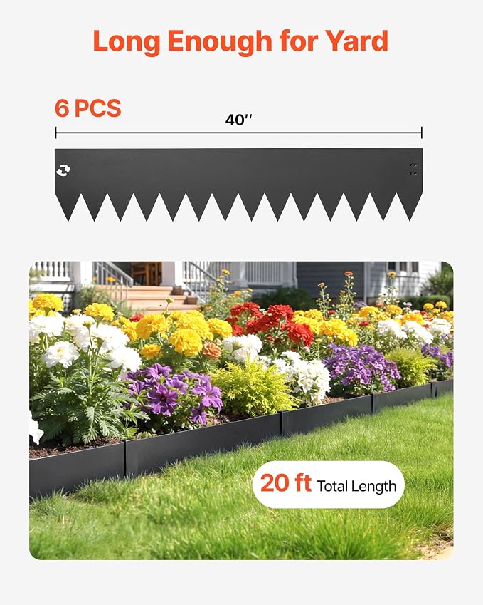 VEVOR Galvanized Steel Landscape Edging, 6-Pack 40 x 8 Inch Metal Edging for Landscaping with 6 Mounting Clips, Bendable Metal Garden Edge Border for Flower Bed, Yard Pathway, Black