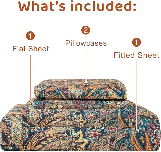 QSH Boho Bed Sheets Queen Size - 100% Egyptian Cotton Sheets Elegant Paisley Flower Pattern Printed Bedding Sheets Queen Size Bohemian Bedding 4pcs Deep Pockets Bed Sheets
