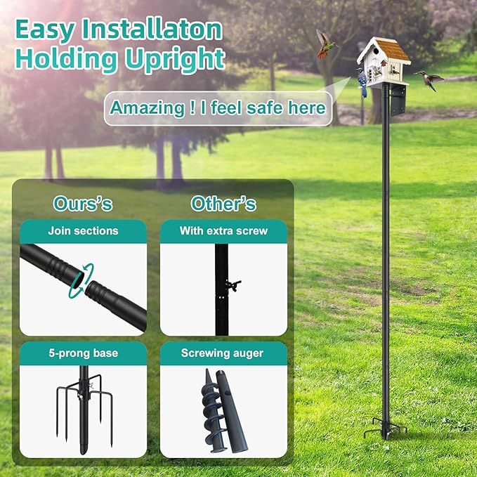 Bird House Pole,102 Inch Heavy Duty Bird Feeder Pole Mount Kit for Outdoors, 5-Prong Base, Splicing Adjustable Feeding Stand Station for Birds Watching,Weather Station (Birds House Not Included)