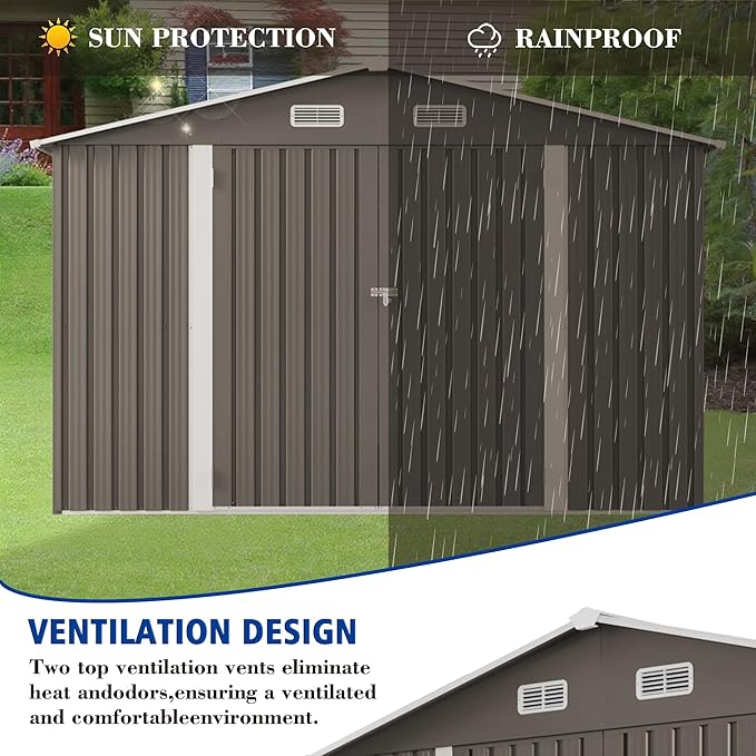 YOPTO 10x8 FT Outdoor Storage Shed,Metal Shed W/Window,Garden Storage Shed W/Lockable Door,All Weather Waterproof Tool House W/ 4 Air Vents & Sloped Roof,for Backyard,Patio,Lawn,Gray
