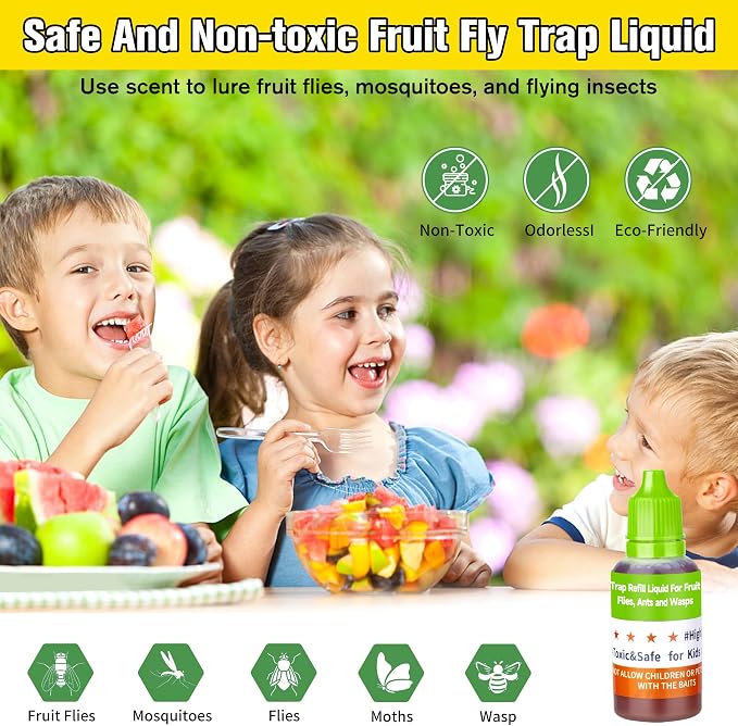 Fruit Fly Trap Refill Liquid, Effective Gnat Killer&Fruit Fly Catcher Bait Refill, Long-Lasting Fruit Scented Ants Attractant for Kitchen Bathroom Living Room Use, Safe Near Food (4 Pack)