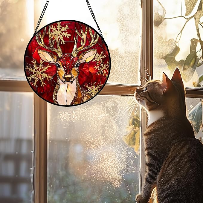 DASTOLL Stained Glass Window Hanging 4 Pcs Set Red Golden Snowflakes Large 11.8" - Christmas Elk Rabbit Suncatcher Door Garden Sun Catcher Decor Birthday for Mom Woman Nana Men