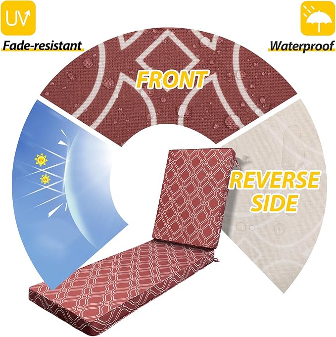 AAAAAcessories Outdoor Chaise Lounge Cushions, Fade-Resistant, Waterproof Patio Furniture Replacement Cushions, 80" x 26" x 3", Clay Red Vine Trellis