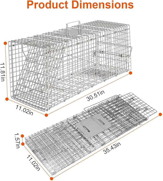 TeqHome Large Live Animal Trap Cage, 31"x11"x12" Live Animal Cage Trap Humane Raccoon Traps Catch Release, Collapsible One-Door Animal Catcher Cage for Cats Opossums Groundhogs Skunks Squirrel Rodent