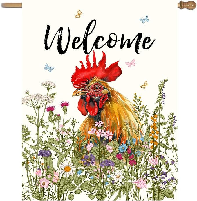Floral Chicken Garden Flag Spring Summer House Flags 28x40 Double Sided Farmhouse Rooster Yard Flags for Outside Large Outdoor Welcome Flags Farm Chicken Coop Decor