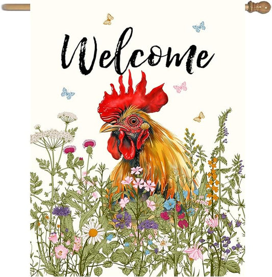 Floral Chicken Garden Flag Spring Summer House Flags 28x40 Double Sided Farmhouse Rooster Yard Flags for Outside Large Outdoor Welcome Flags Farm Chicken Coop Decor