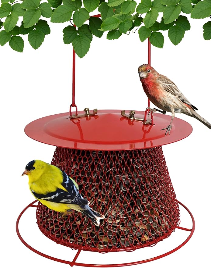 Red Collapsible Mesh Bird Feeder - Small Hanging Bird Feeder - Holds 1 Pound of Sunflower Seeds