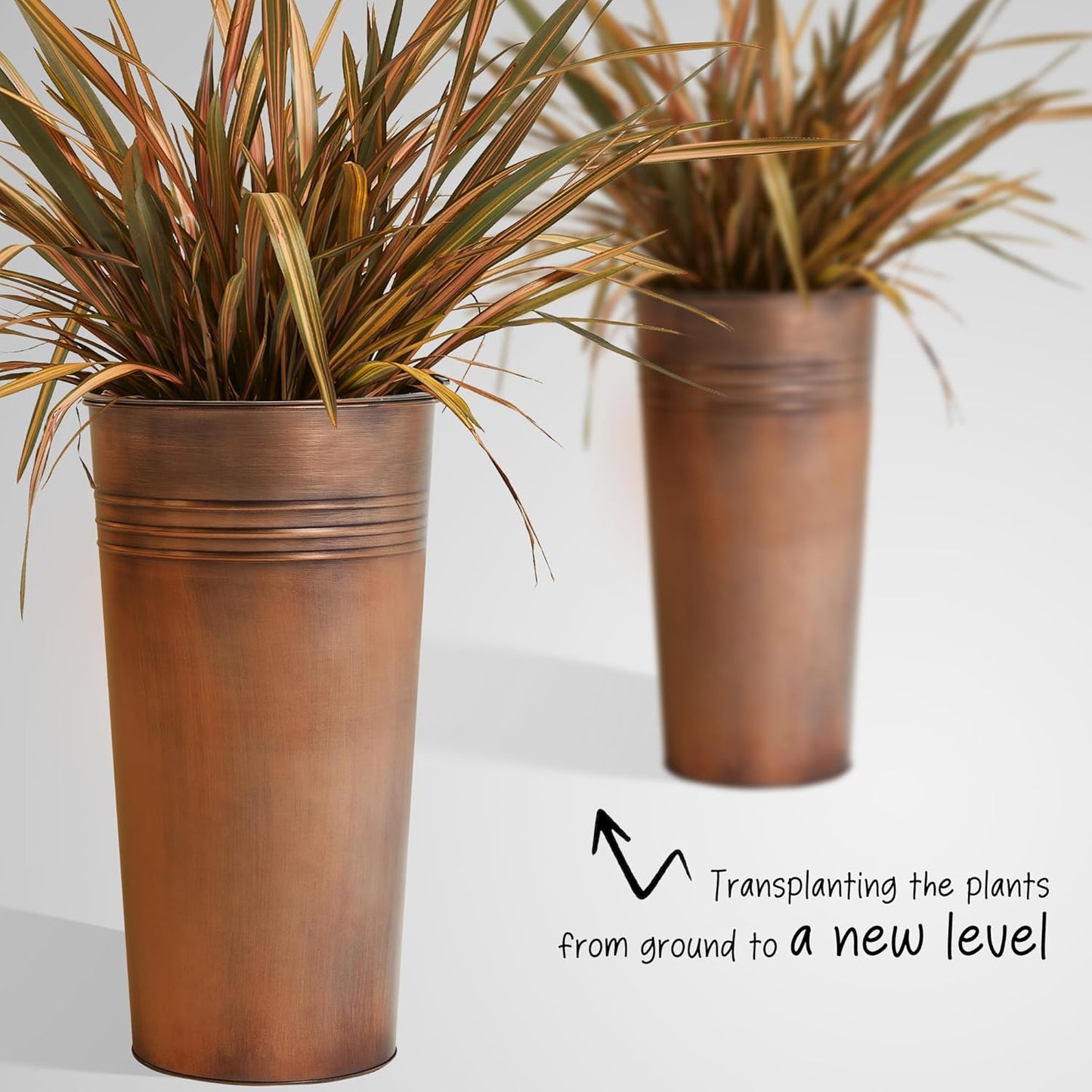 KOL 22''H 2-Pack Planter with Water Level Indicator - Galvanized Steel Pot - Self Watering Planters Flower Pot for Plant - Inner Pot Design - Round Metal Planter Box - Indoor Outdoor Planting - Bronze
