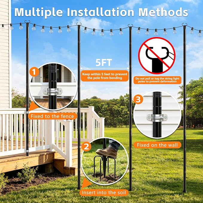 10Ft String Light Poles 6 Pack,Poles for Outdoor String Lights with Fork and Fence Clamp,Hanging Lights Metal Stand Post for Deck Patio Backyard Garden Decorations