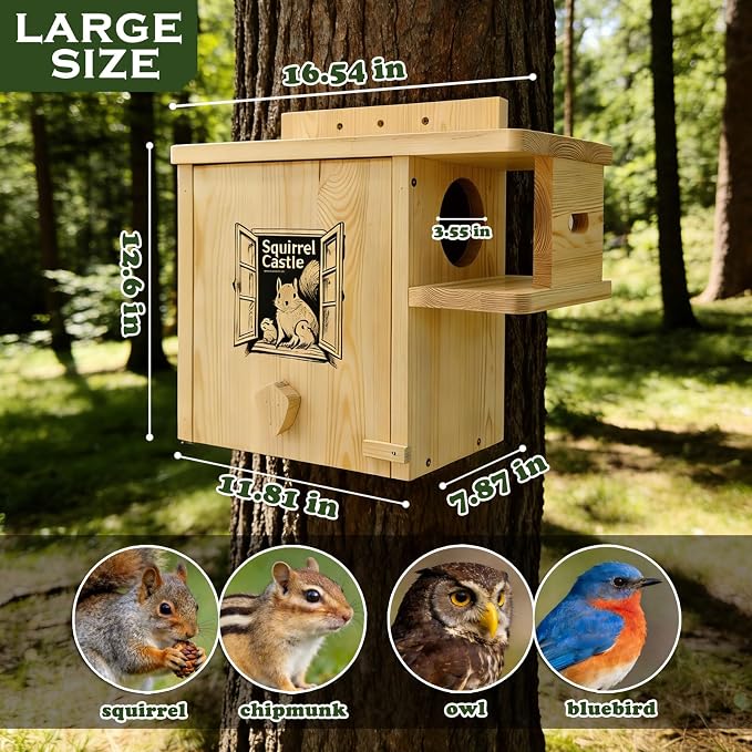 Extra Large Outdoor Squirrel House, Wooden Nesting Box | 0.7-inch-thick weatherproof pine, external rest platform, front porch, ventilation and easy mounting on trees or fences
