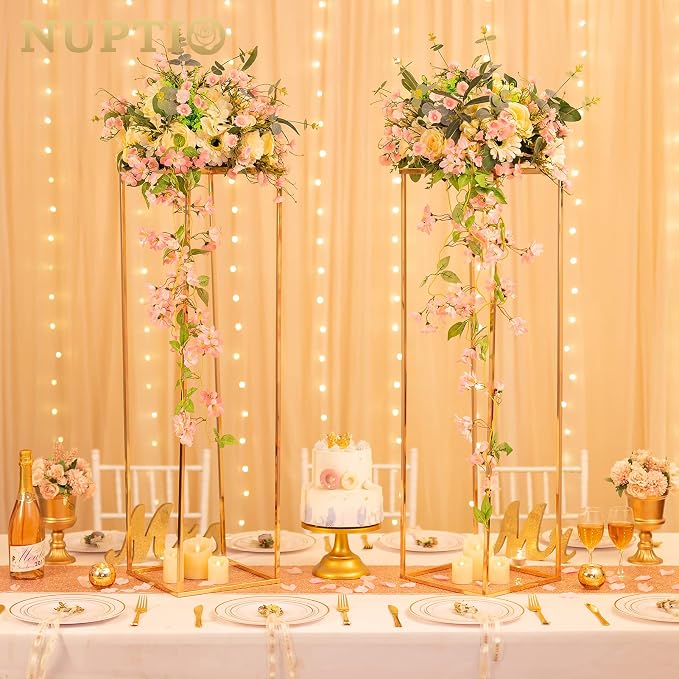 NUPTIO Gold Vases for Centerpieces Wedding - 2 Pcs 39.4 inch Tall Metal Flower Vase Flowers Stand for Party Tables Decorations - Elegant Bulk Weddings Decoration Table Geometric Centerpiece Stand