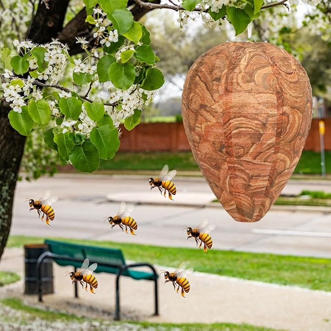 DECYOOL 4 Pack Paper Wasp Nest Decoy Hanging Wasp Nest Stay Away from Wasps Hornets Yellow Jackets(Reddish Brown)
