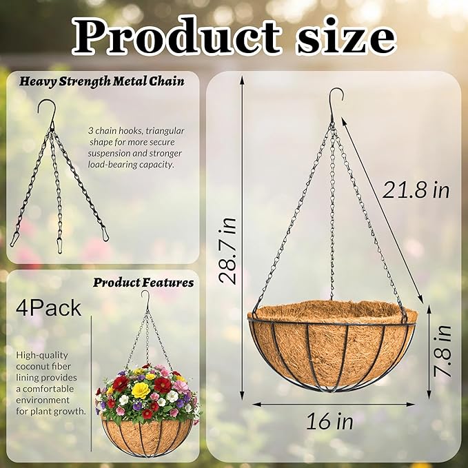 4 Pack 16 Inch Metal Hanging Planter Basket，Natural Round Coconut Hanging Plant Flower Pot，Coconut Coir Planter for Hanging Basket Flowers/Vegetables Home Garden Patio Decoration Watermelon